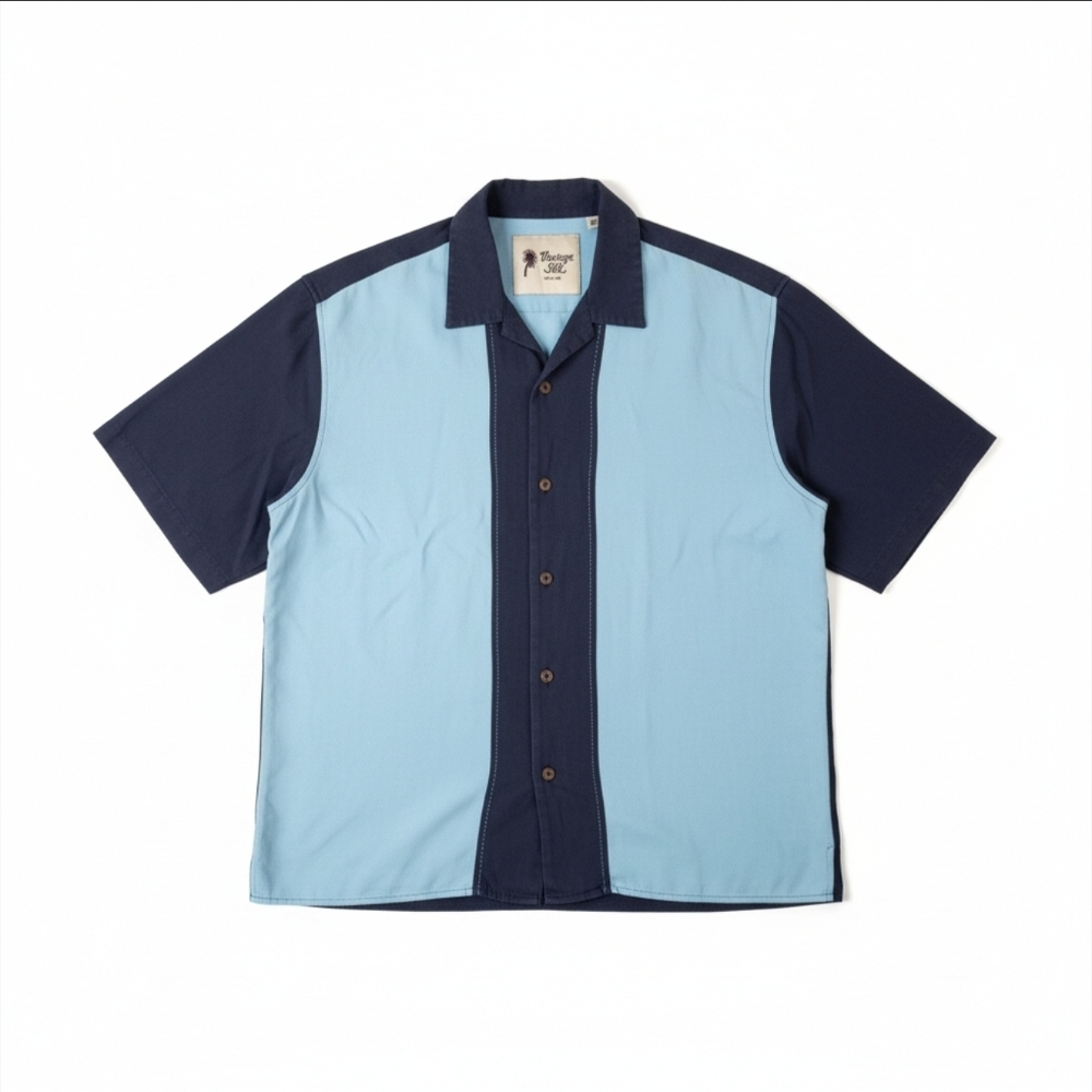 Vintage Silk Men's 100% Silk Blue Colorblock Bowling Shirt Large